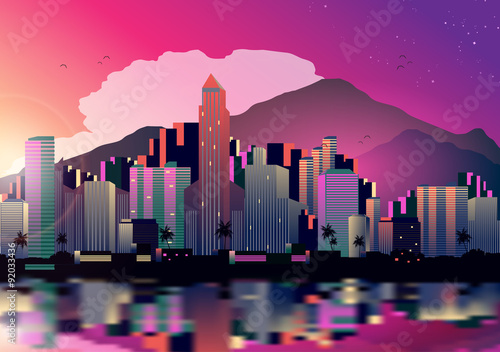 Tropical City Skyline at Night with Reflection Background - Vector Illustration