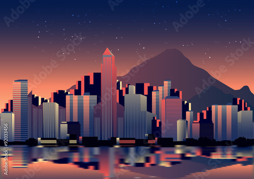 City Skyline at Night with Reflection Background - Vector Illustration