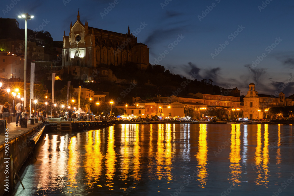 Night cityscape with lights. Gaeta town, Italy