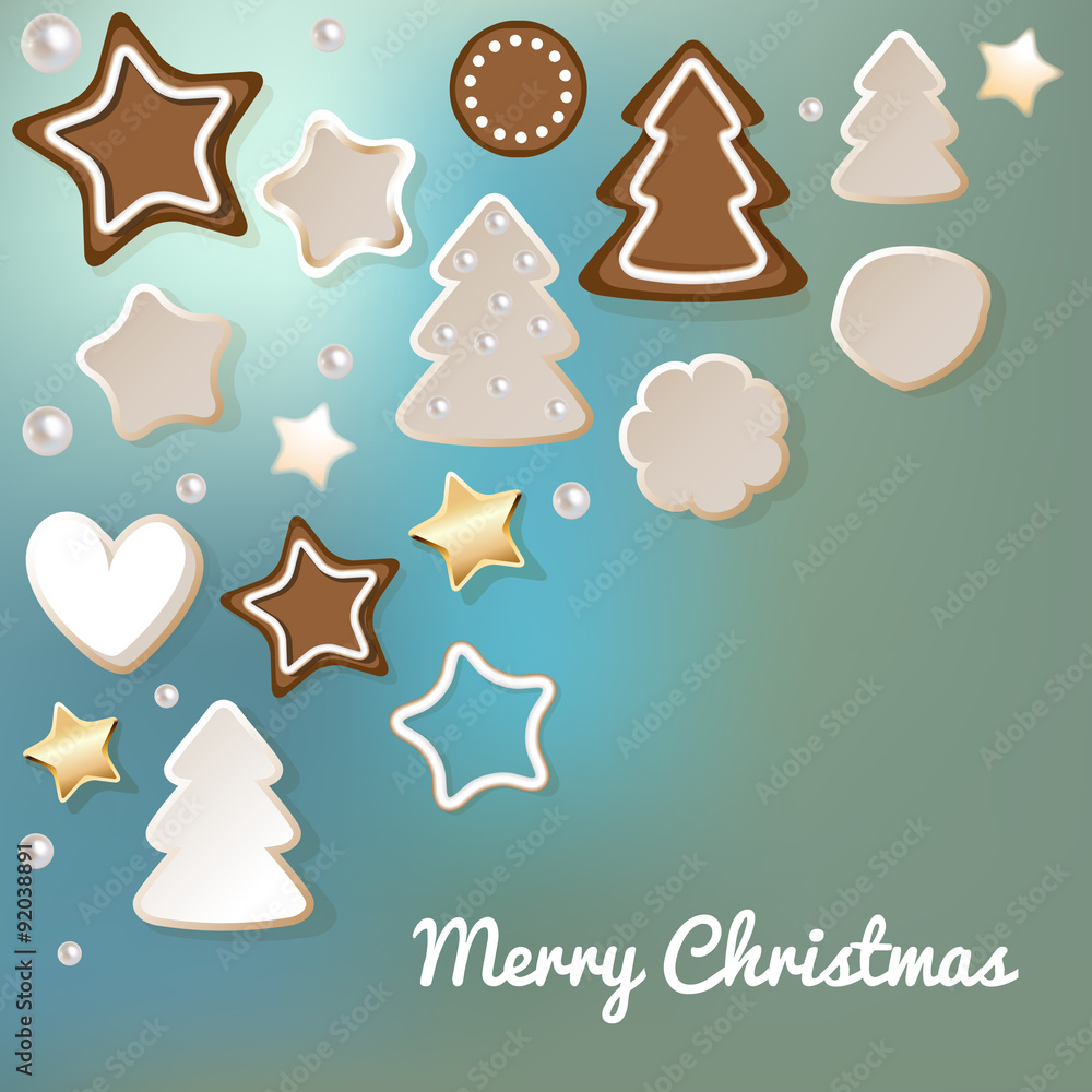 Merry Christmas postcard with gingerbread & cookies on a blue bokeh fog background.