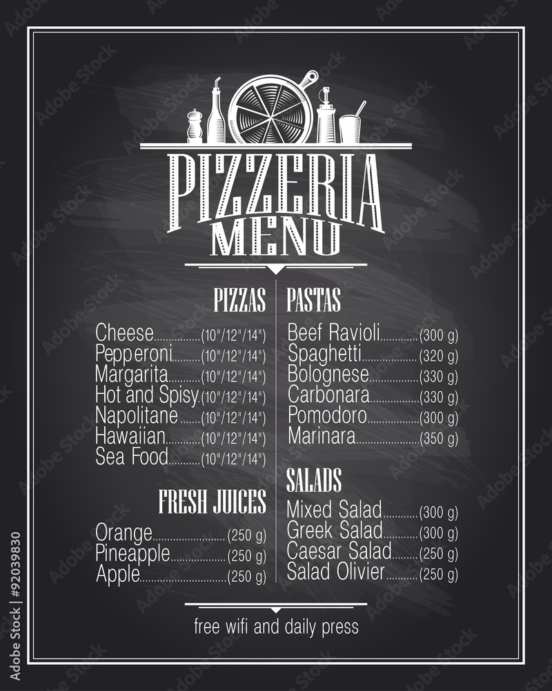 Chalkboard pizzeria menu list.