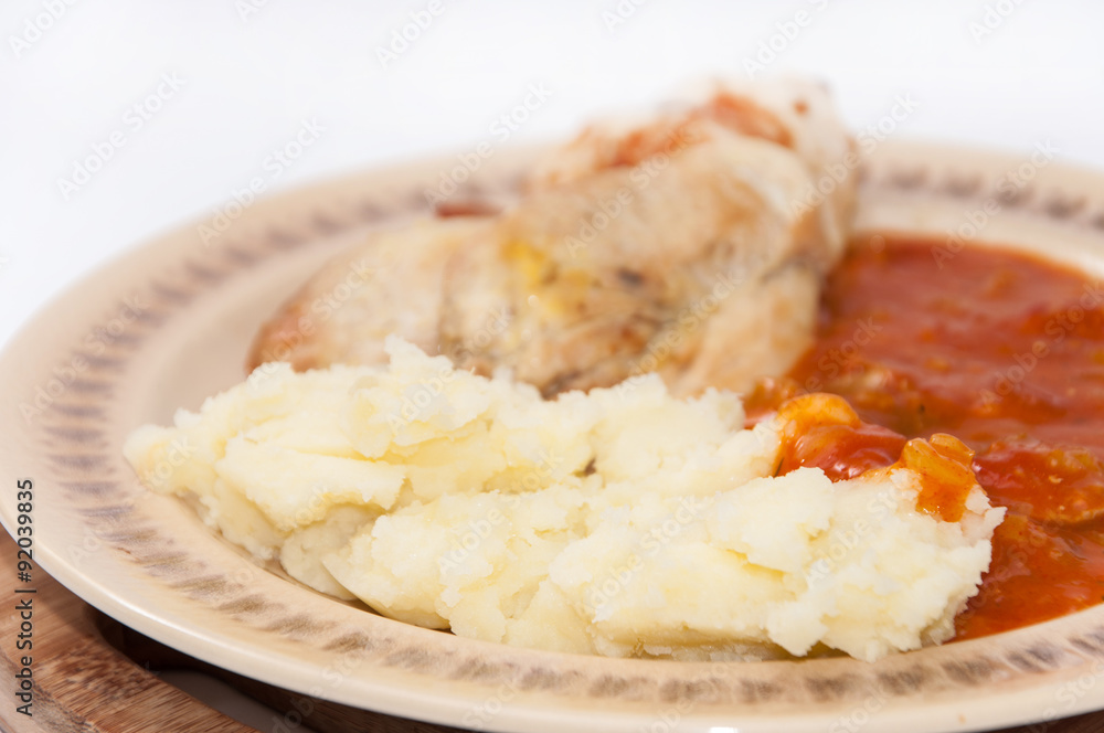 Meat with tomato stew and mashed potato Meat with tomato stew and mashed potato
