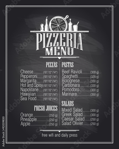 Chalkboard pizzeria menu list.