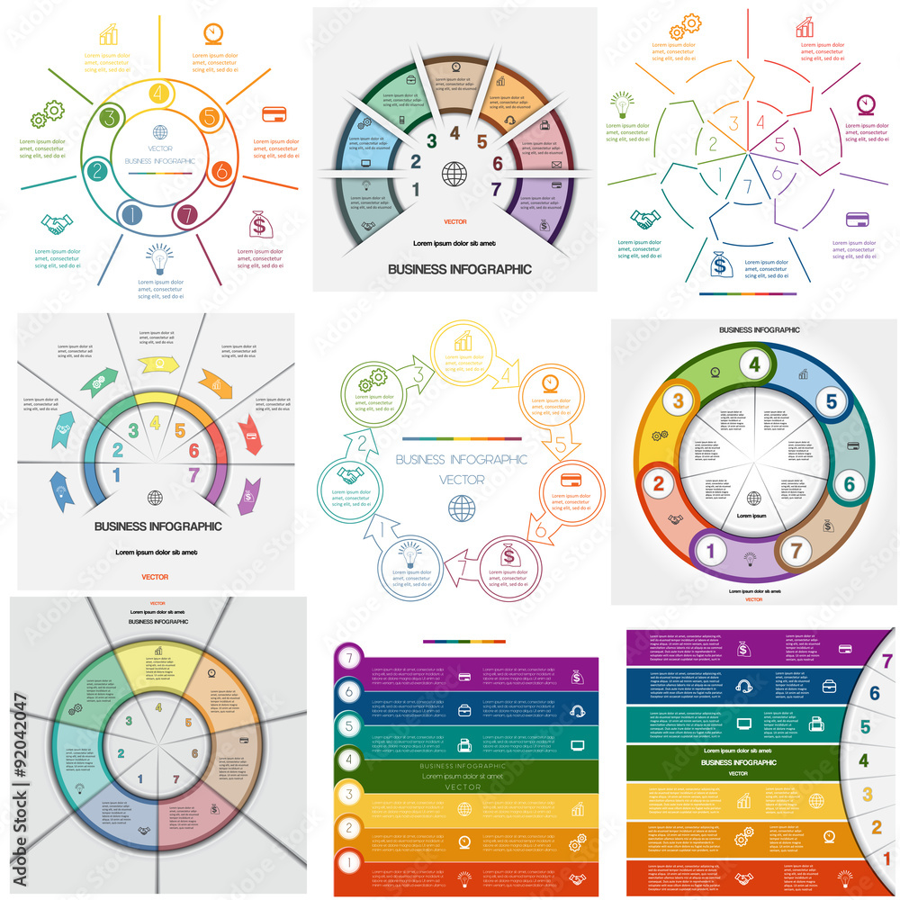 Set 9 templates Infographics cyclic processes on seven positions Set 9 templates Infographics cyclic processes on seven positions