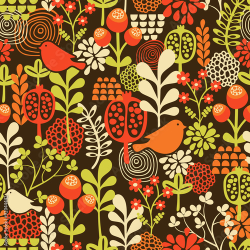 Birds and flowers seamless pattern.