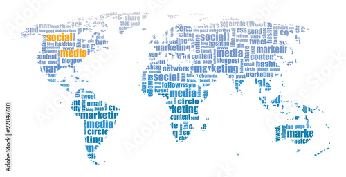 social media text and world map