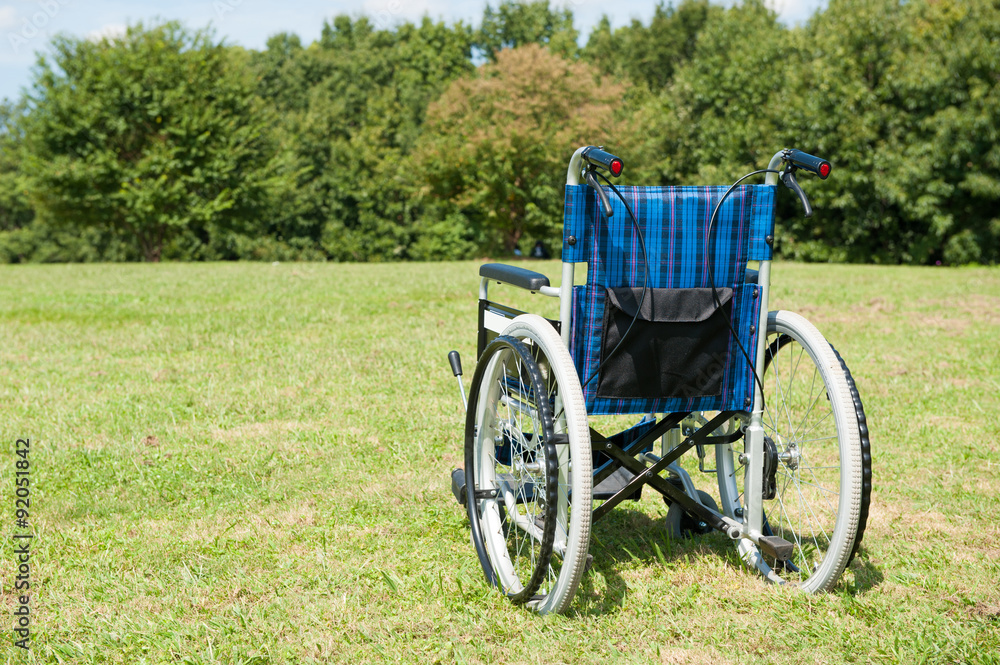 緑の芝生に置かれた無人の車椅子