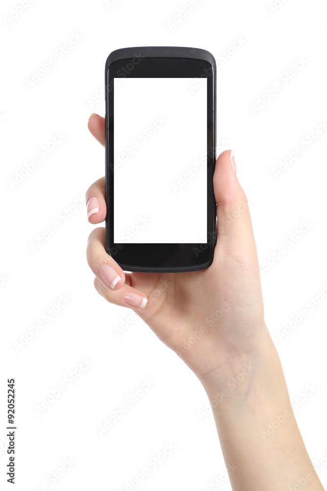 Woman hand presenting a smart phone screen application Woman hand presenting a smart phone screen application