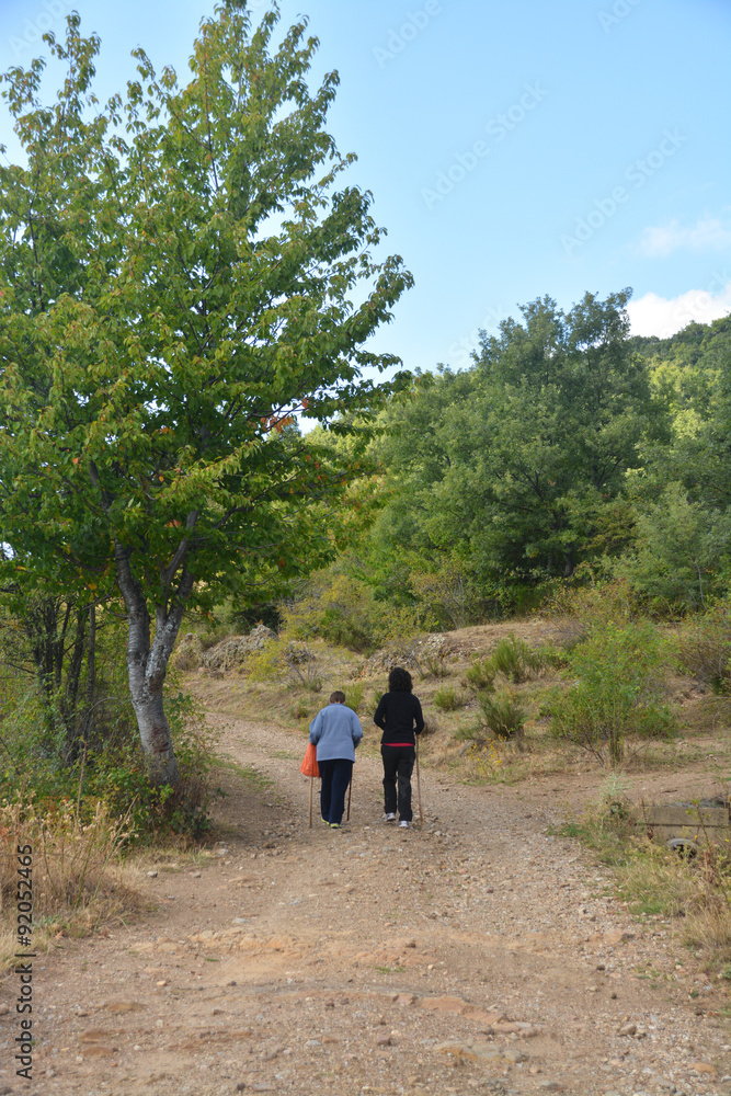 mujeres subiendo por un camino de montaña