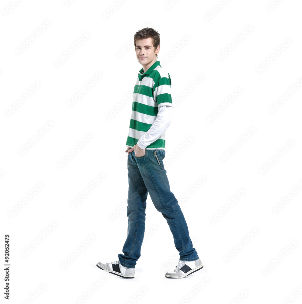 Full portrait of smiling walking man casuals isolated on white background Full portrait of smiling walking man casuals isolated on white background