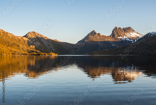 Dove lake reflection in the evening at Cradle mountain  Tasmania  Australia.