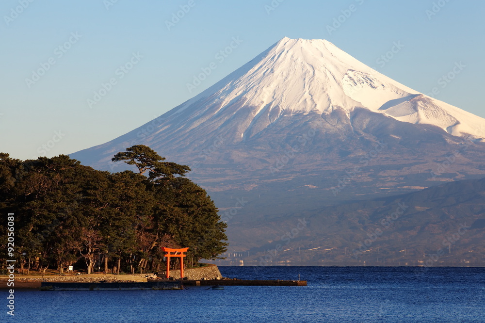 Mountain Fuji and sea from Izu city Shizuoka prefecture , Japan .
