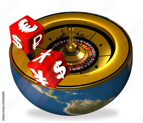 roulette and throwing of dice with symbols international coins photo