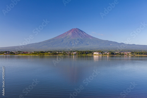 Panorama view of Mountain Fuji with reflection at Lake Kawaguchiko in summer season