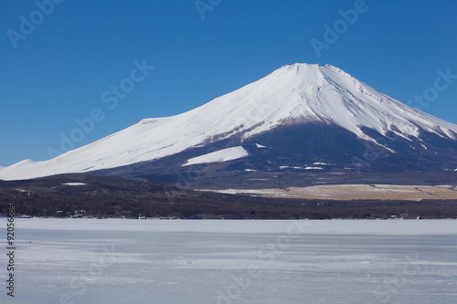 Mountain Fuji and ice lake in winter at Yamanakako lake