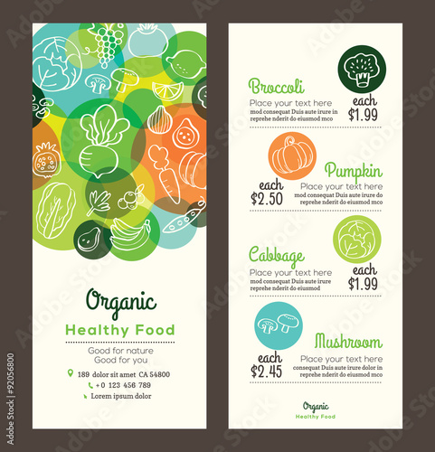 Organic healthy food with fruits and vegetables menu flyer leaflet
