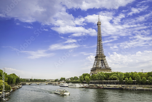 Eiffel Tower with barge on Seine River