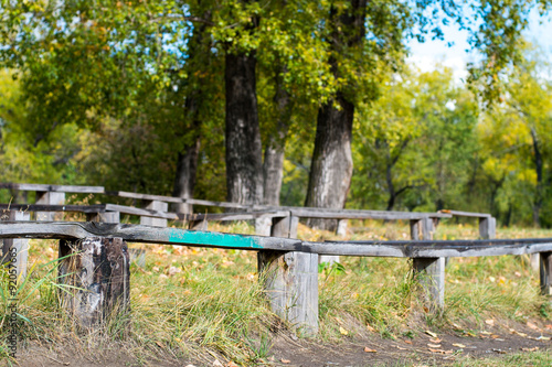  Wooden bench on a Sunny autumn day at the old stadium of the island Tatysheva.