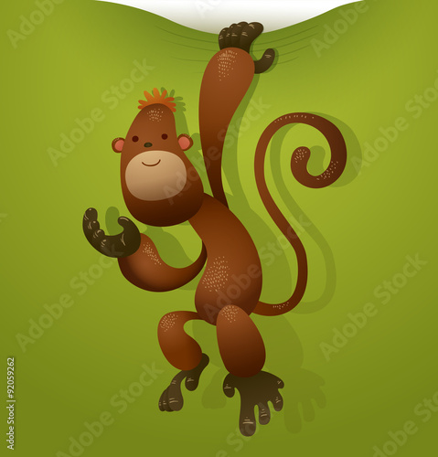 Vector cute brown monkey on a light green background. 