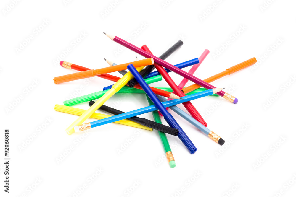 a bunch of pencils and felt-tip pens on a white background a bunch of pencils and felt-tip pens on a white background