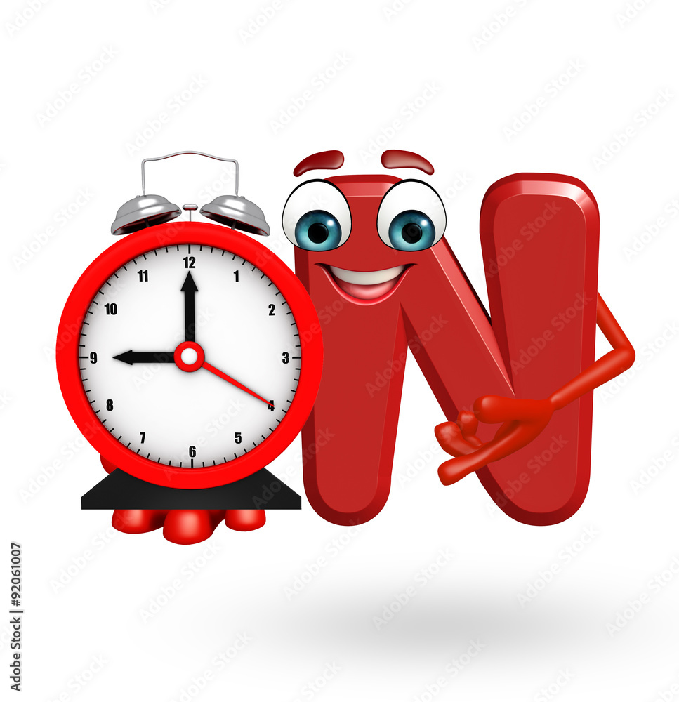 Cartoon Character of alphabet N with clock Cartoon Character of alphabet N with clock