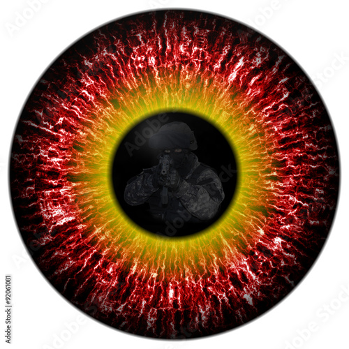 zombie eyes with the reflection headed soldier. Eyes killer. Deadly eye contact. Animal eye with contrast colored iris, detail view into eye.