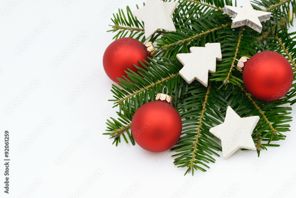 Poster, Print Rote Weihnachtskugeln mit Tanne, 40x26.7 cm