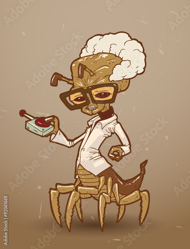 Vector mutant mad scientist like a beetle on a gray background.
