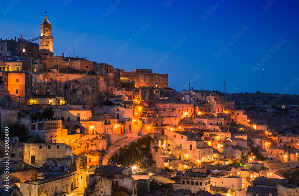 Matera panoramic view of town at night, Basilicata,Italy.