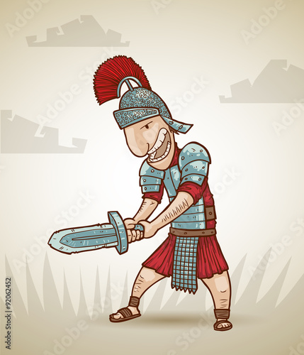 Vector rome warrior exercising with sword on a light gray background. 