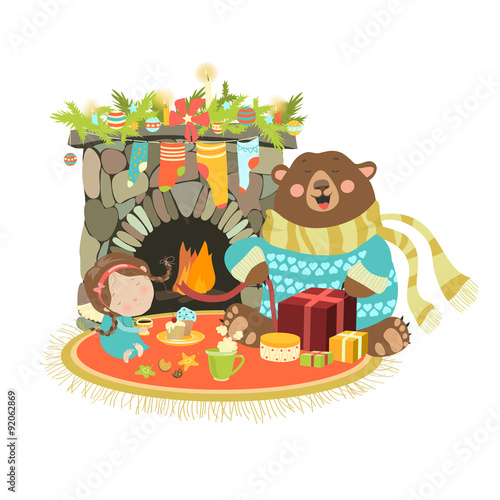 Fototapeta Naklejka Na Ścianę i Meble -  Little angel cute bear sitting near a fireplace