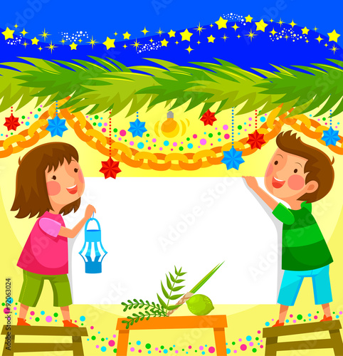kids celebrating Sukkot in a decorated booth