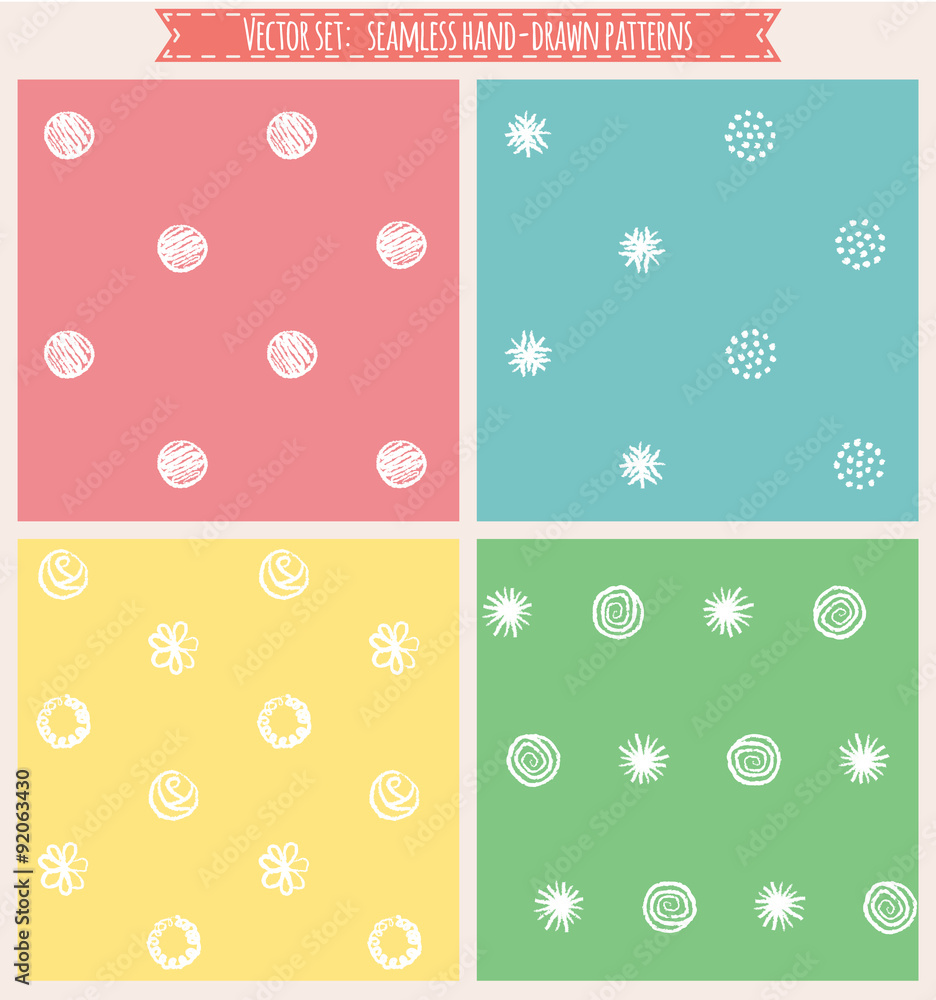 Set of seamless patterns. hand drawn elements. Polka dots, snowflakes, swirls and flowers on colorful backgrounds Set of seamless patterns. hand drawn elements. Polka dots, snowflakes, swirls and flowers on colorful backgrounds
