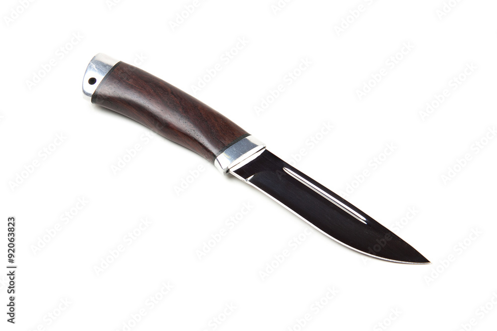 hunting knife with wooden handle, isolated hunting knife with wooden handle, isolated