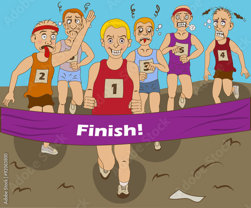 Funny vector illustration of a group of marathon runners, finally coming to the finish.