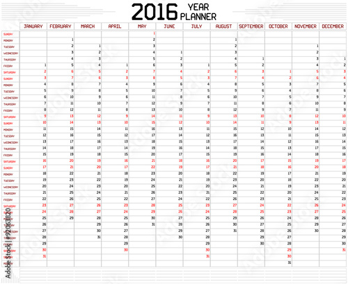 Year 2016 Planner - An annual planner calendar for the year 2016 on white. A custom straight lines thick font is used.