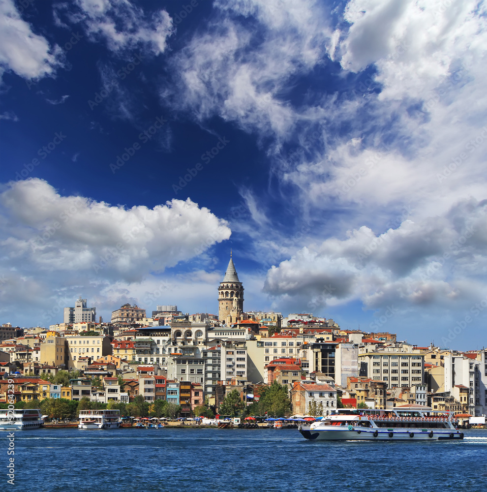 Fototapeta premium Bosphorus with a old town on a background at sunset, Istambul