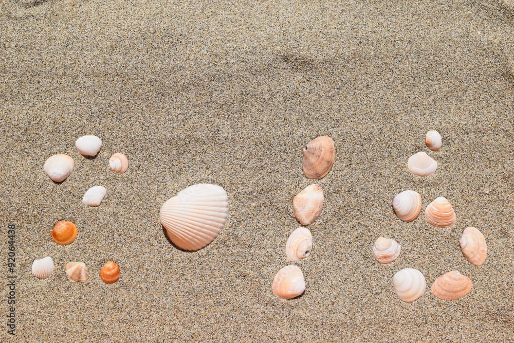 砂に貝殻で２０１６ 海岸の砂浜で拾った貝殻を ２０１６ と並べて撮影した写真です 貝殻のテクスチャ 海イメージ 夏イメージ 新年用の背景用素材として使用できる写真です Stock 写真 Adobe Stock