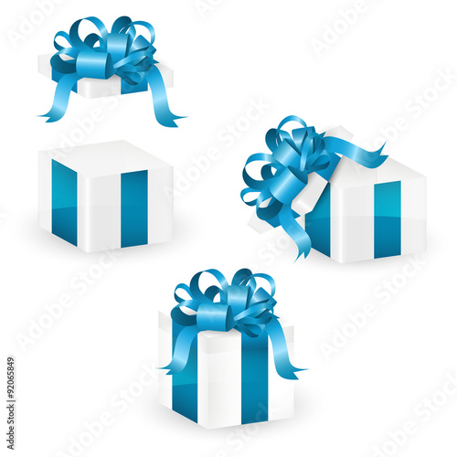 Set of white christmas gift box with blue ornate ribbon isolated, vector illustration