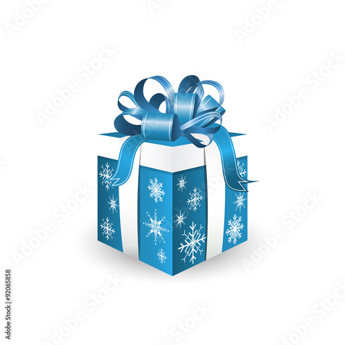 Gift box isolated on white background with blue decorative ribbon and snowflakes. 