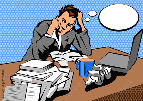 Stressful business man in office with too many stack of paper and folder on his desk. Pop art style. Vector illustration.