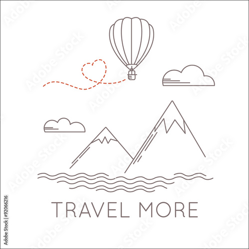  Linear landscape with aerostat flying under the mountains.