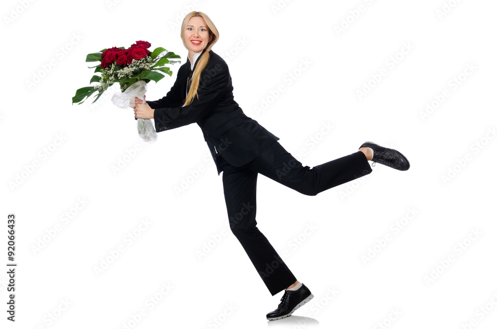 Woman with bunch of roses isolated on white Woman with bunch of roses isolated on white