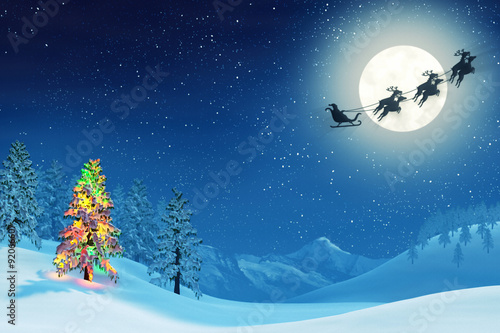 Christmas tree and Santa in moonlit winter landscape at night