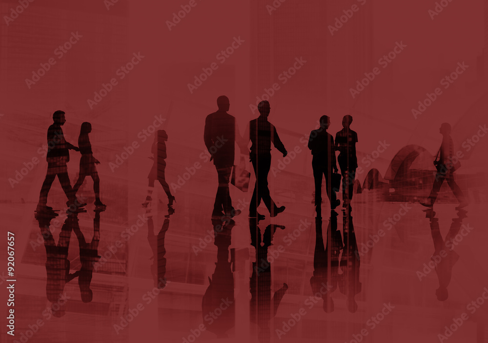 Fototapeta premium Silhouettes of Business People Wllking Talking Concept