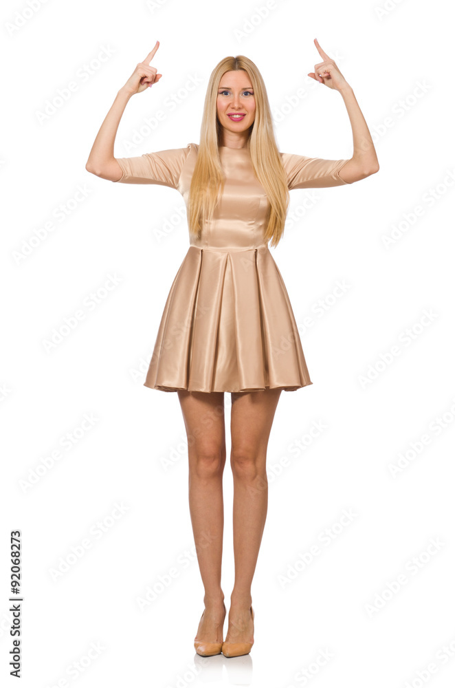 Pretty girl in satin mini dress isolated on white Pretty girl in satin mini dress isolated on white