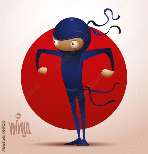 Vector ninja warrior stands in blue traditional costume on light pink - red background. The text is written in curves. photo