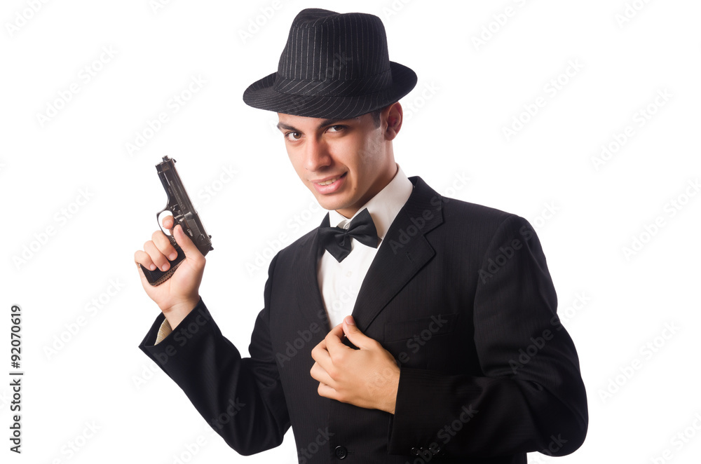 Young elegant man holding handgun isolated on white Young elegant man holding handgun isolated on white