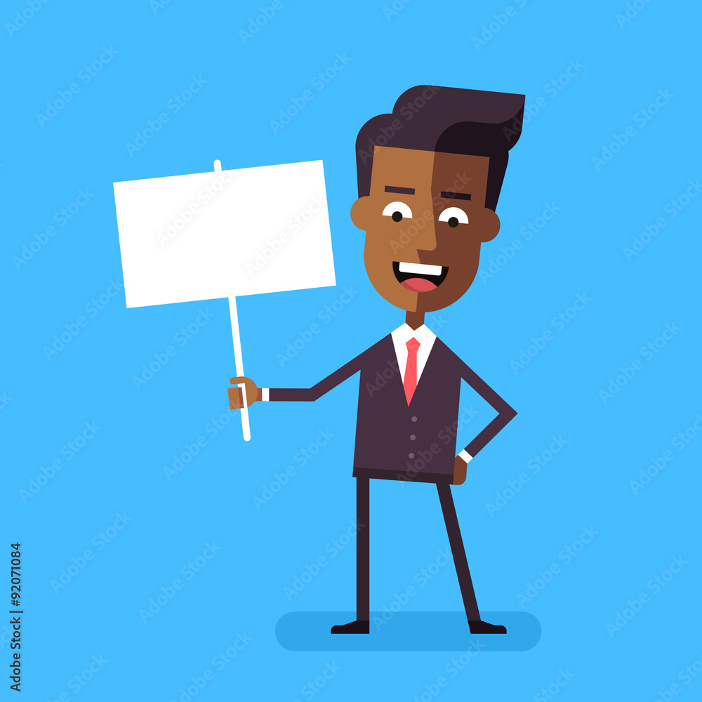 Handsome african american manager holding a poster. Cartoon character - cute businessman with banner. Template for your text. Stock vector illustration in flat design. Handsome african american manager holding a poster. Cartoon character - cute businessman with banner. Template for your text. Stock vector illustration in flat design.