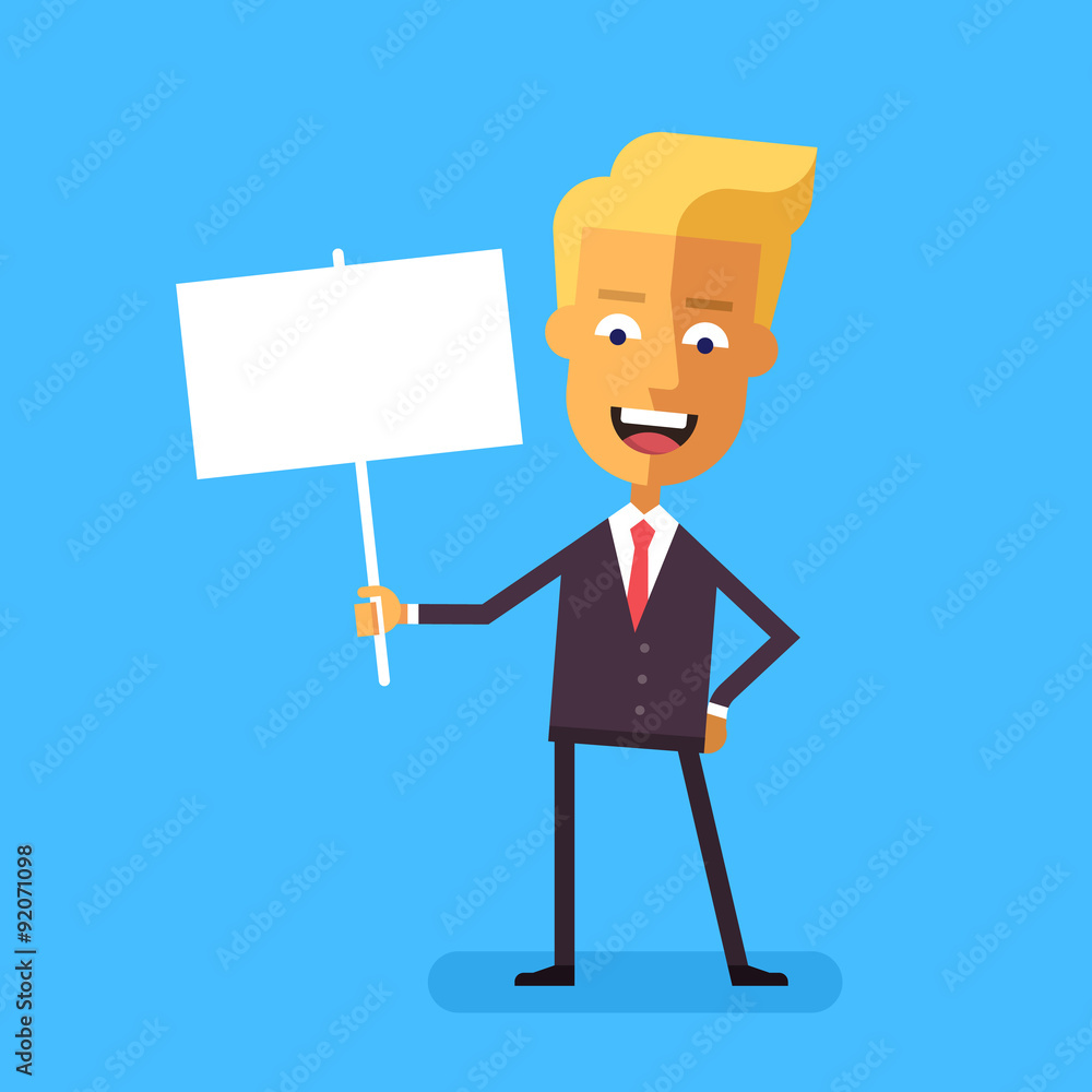Handsome blond businessman in formal suit holding a poster. Cartoon character - cute scandinavian businessman. Stock vector illustration in flat design.